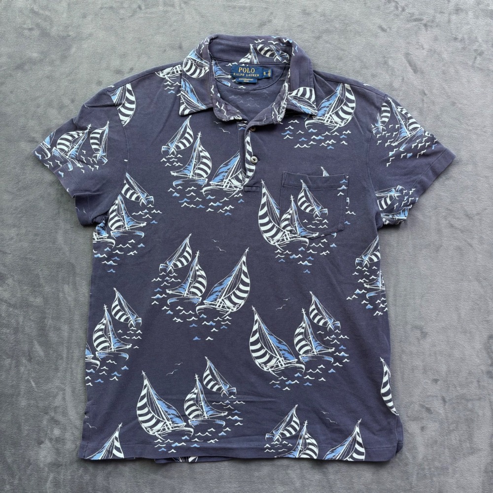 Polo Ralph Lauren Mens Sailboat Print Featherweight Mesh Polo Shirt Navy Blue S
